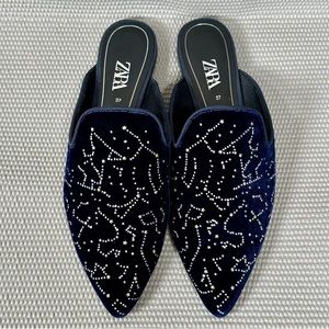 ZARA Constellation Midnight Blue Velvet Slip-On Flat Mules Size EU 37 / US 7